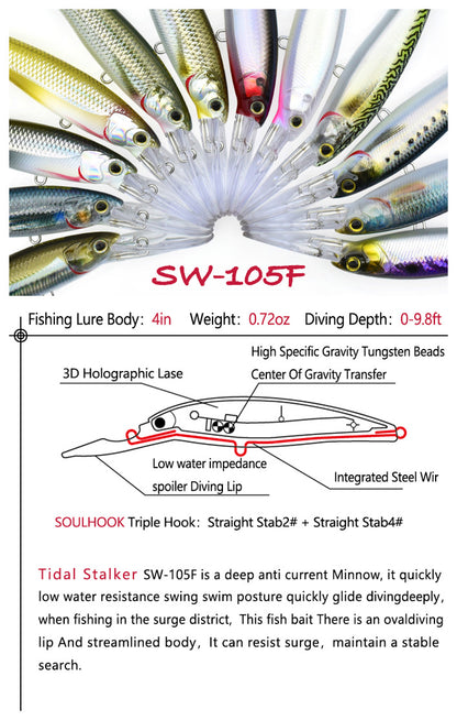 SEASOUL series long tongue plate Minnow SW-105F sea fishing Luya deep diving floating bait